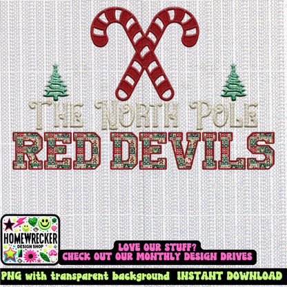 Red Devils Christmas themed Mascot PNG Christmas School Spirit,Holiday Mascot, Game day Christmas Festive Faux Embroidery Digital Download