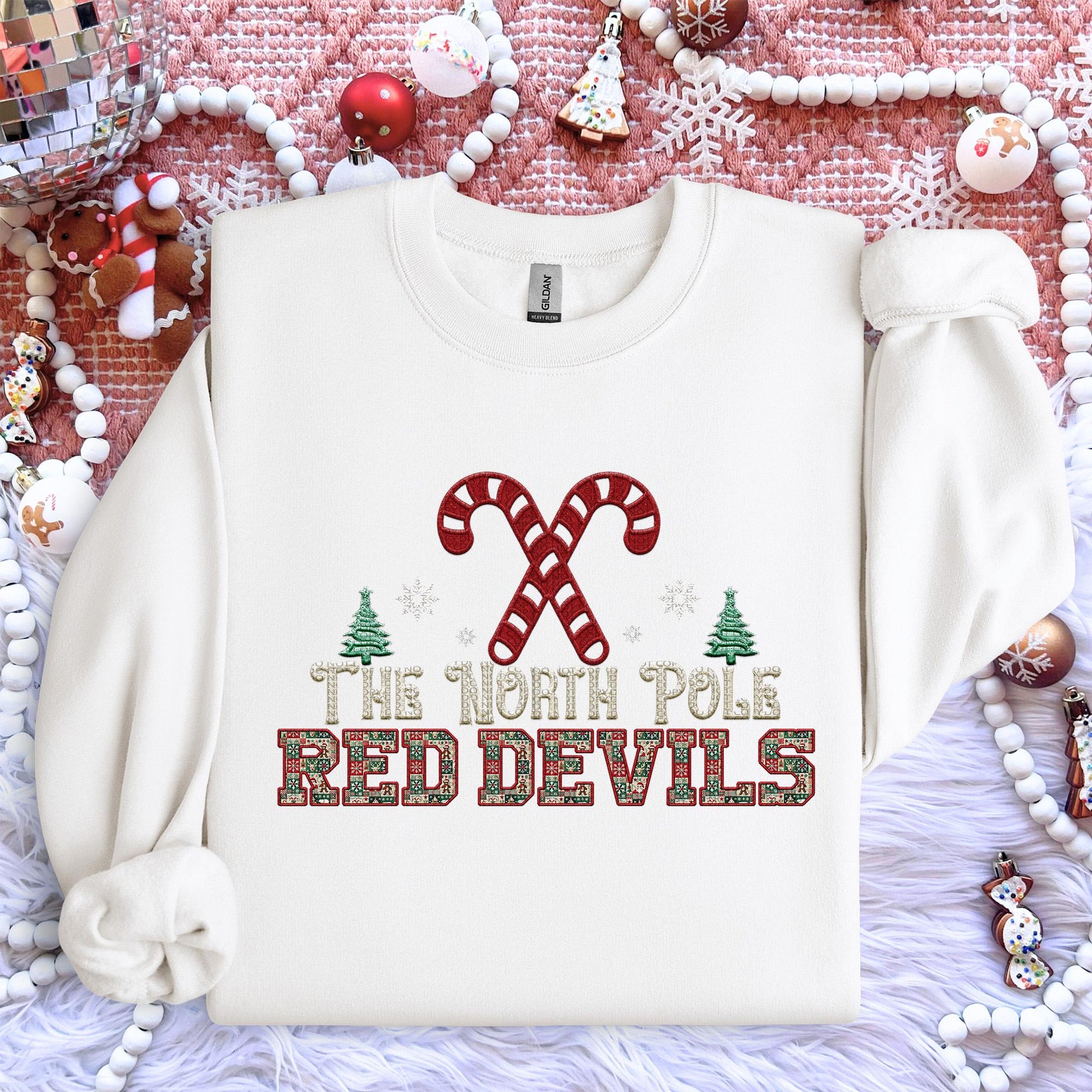 Red Devils Christmas themed Mascot PNG Christmas School Spirit,Holiday Mascot, Game day Christmas Festive Faux Embroidery Digital Download