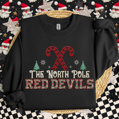 Red Devils Christmas themed Mascot PNG Christmas School Spirit,Holiday Mascot, Game day Christmas Festive Faux Embroidery Digital Download