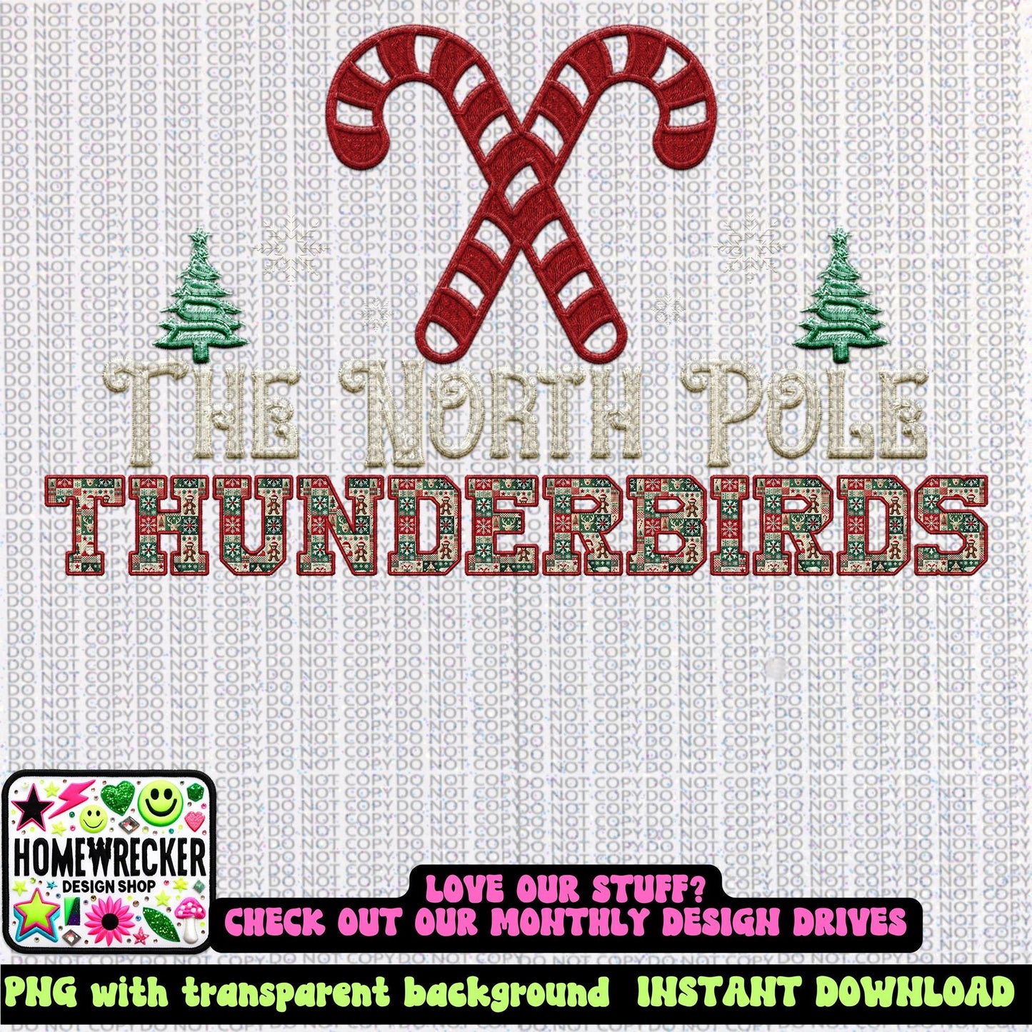 Thunderbirds Christmas themed Mascot PNG Christmas School Spirit Holiday Mascot, Game day Christmas Festive Faux Embroidery Digital Download