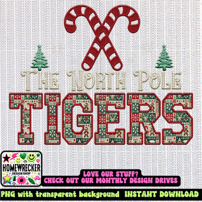 Tigers Christmas themed Mascot PNG Christmas School Spirit Holiday Mascot, Game day Christmas Festive Faux Embroidery Digital Download