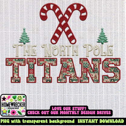 Titans Christmas themed Mascot PNG Christmas School Spirit, Holiday Mascot, Game day Christmas Festive Faux Embroidery Digital Download