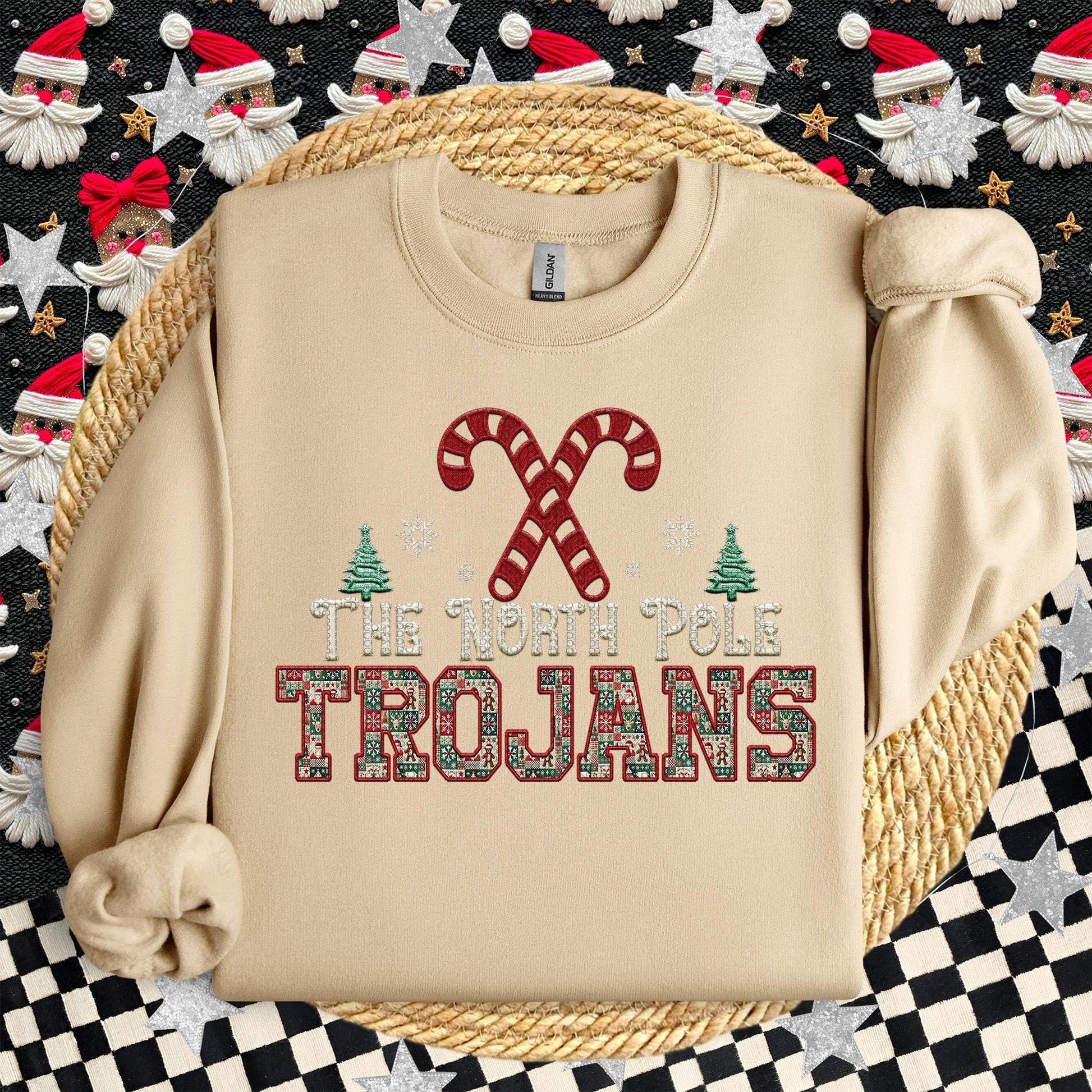 Trojans Christmas themed Mascot PNG Christmas School Spirit, Holiday Mascot, Game day Christmas Festive Faux Embroidery Digital Download