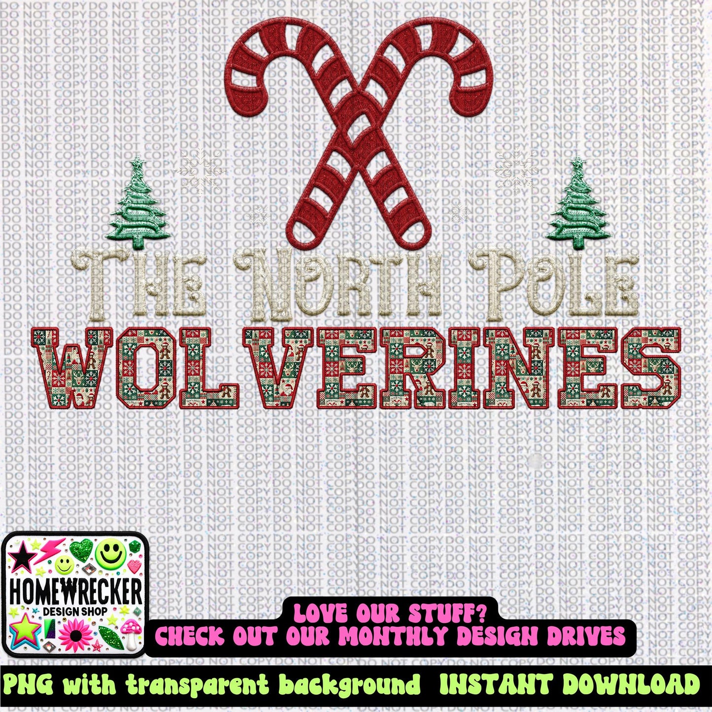 Wolverines Christmas themed Mascot PNG Christmas School Spirit, Holiday Mascot, Game day Christmas Festive Faux Embroidery Digital Download