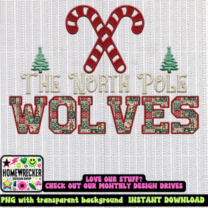 Wolves Christmas themed Mascot PNG Christmas School Spirit Holiday Mascot, Game day Christmas Festive Faux Embroidery Digital Download