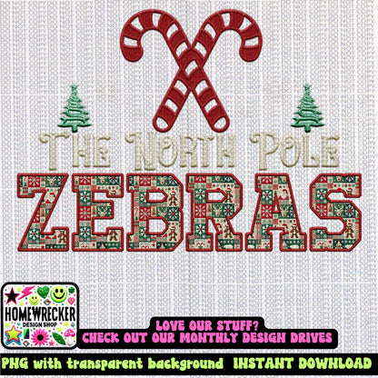 Zebra Christmas themed Mascot PNG Christmas School Spirit Holiday Mascot, Game day Christmas Festive Faux Embroidery Digital Download