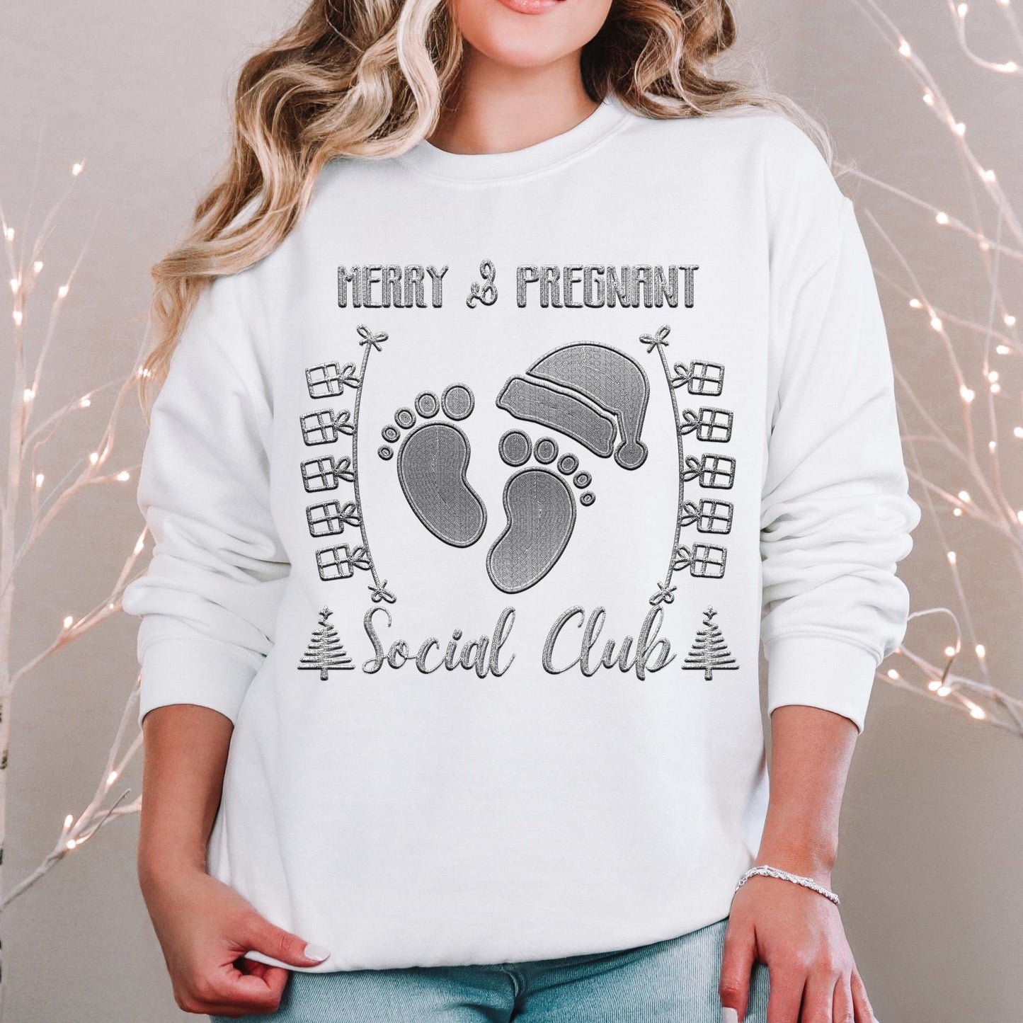 Merry and Pregnant social club, baby feet with santa hat, Christmas social club Faux Embroidery pregnancy announcement shirt Design PNG