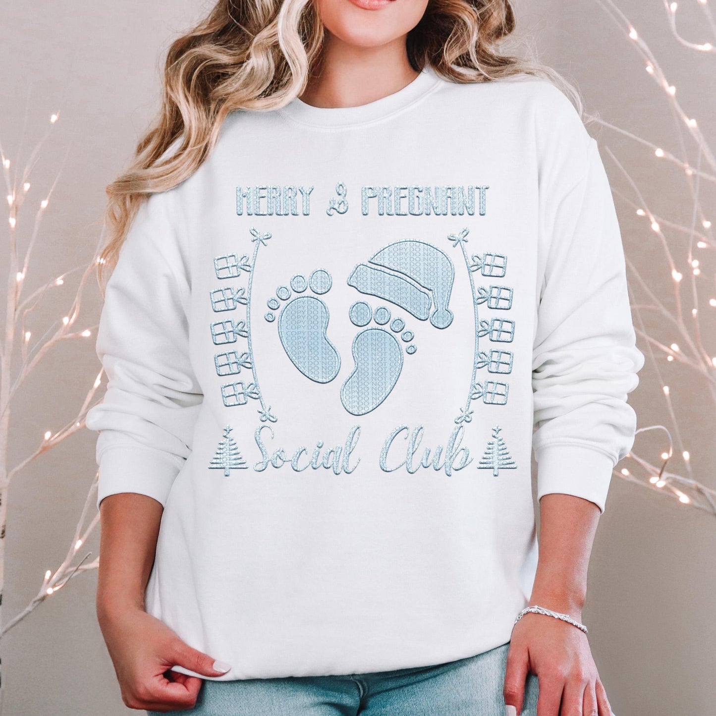 Merry and Pregnant social club, baby feet with santa hat, Christmas social club Faux Embroidery pregnancy announcement shirt Design PNG