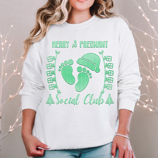 Merry and Pregnant social club, baby feet with santa hat, Christmas social club Faux Embroidery pregnancy announcement shirt Design PNG