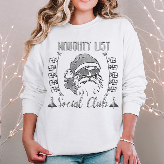 Naughty List, Social Club, Santa with sunglasses, Faux Embroidery Christmas PNG Download shirt Design PNG