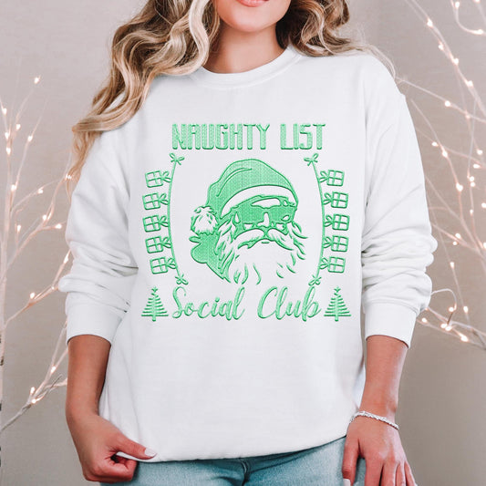 Naughty List, Social Club, Santa with sunglasses, Faux Embroidery Christmas PNG Download shirt Design PNG