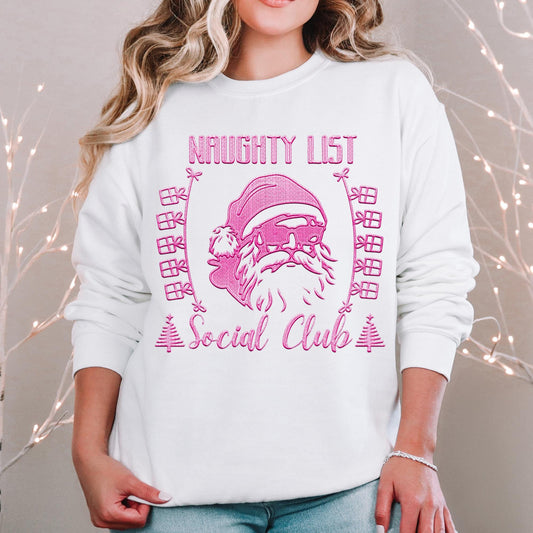 Naughty List, Social Club, Santa with sunglasses, Faux Embroidery Christmas PNG Download shirt Design PNG