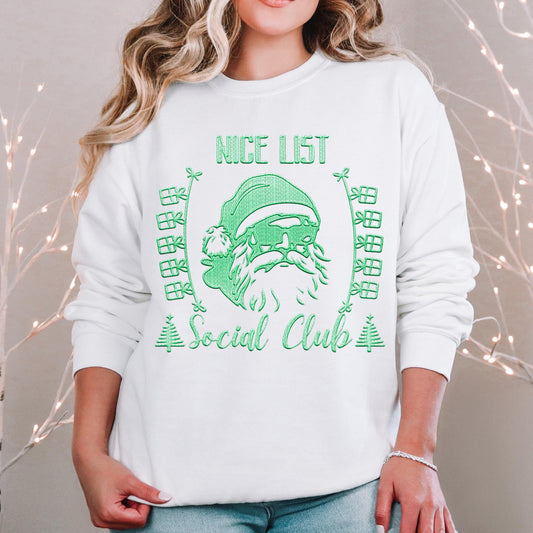 Nice List, Social Club, Santa with sunglasses, Faux Embroidery Christmas PNG Download shirt Design PNG Naughty and Nice PNG