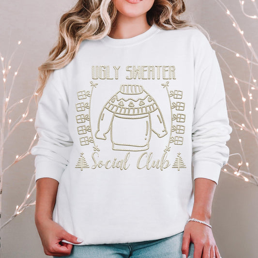 Ugly Sweater Social Club PNG Faux Embroidery Digital Design Download, Christmas PNG