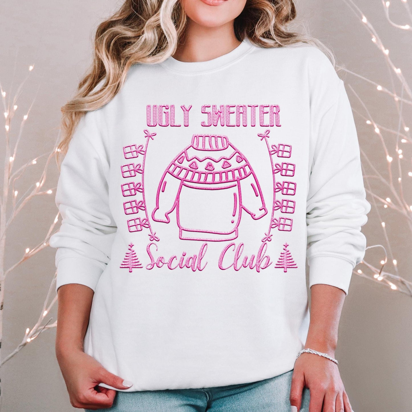 Ugly Sweater Social Club PNG Faux Embroidery Digital Design Download, Christmas PNG