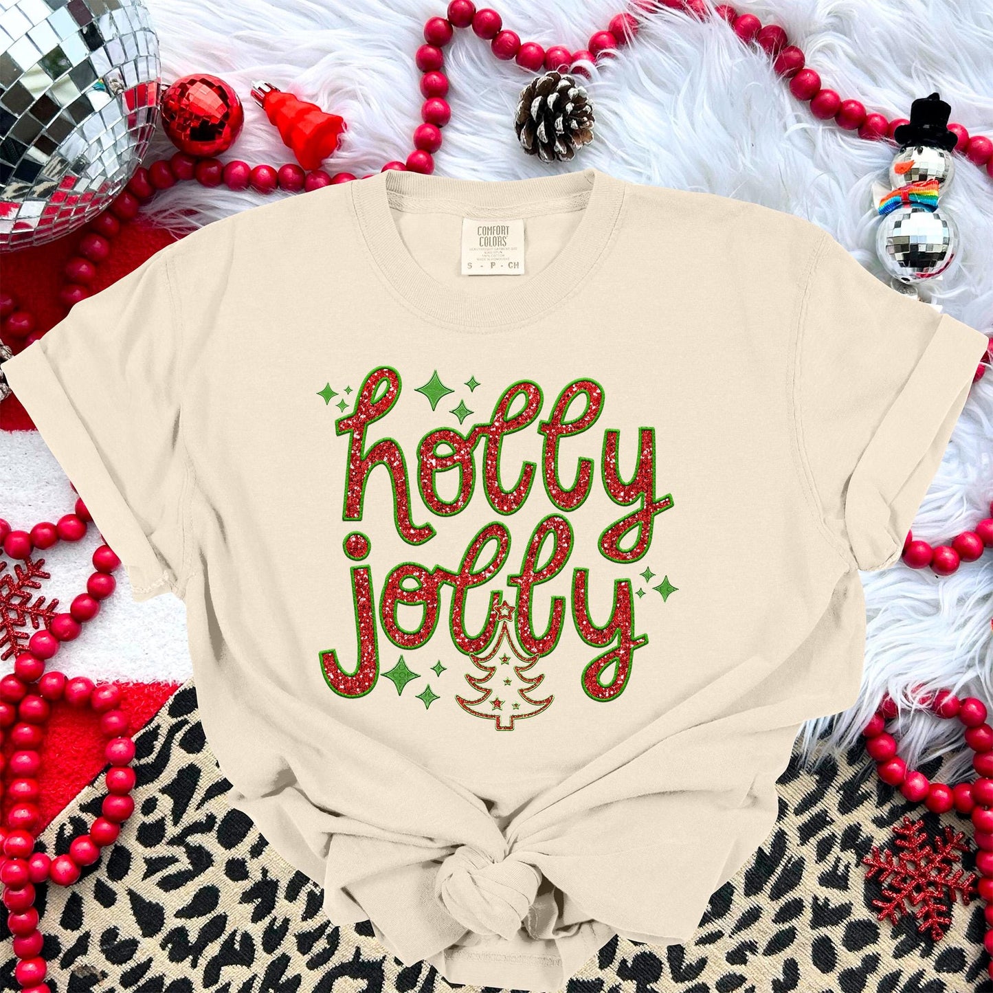 Holly Jolly PNG Faux Embroidery Digital Design Download, Christmas PNG