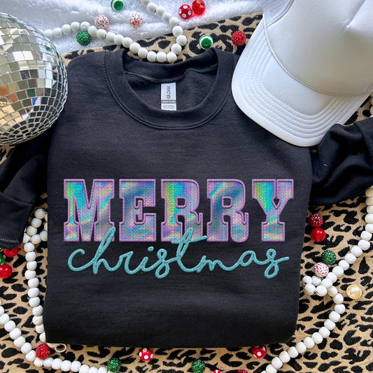 Merry Christmas PNG Faux Embroidery Faux Holographic digital Design Christmas PNG Holiday T-shirt Design Holiday Digital Download