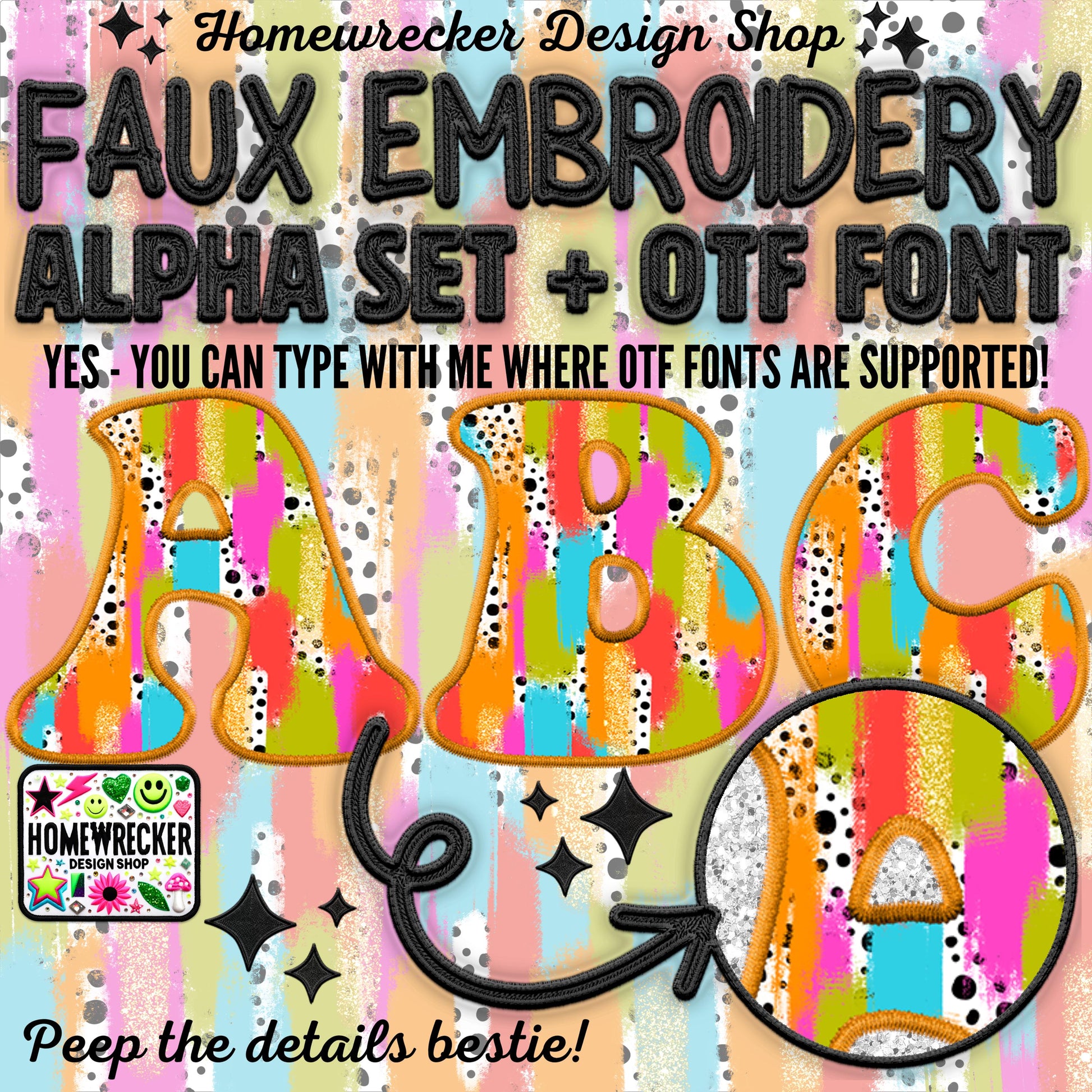 Groovy Brush Stroke Digital Alpha Set, OTF Font, Faux Embroidery Alpha, Bubble Letter Style Alpha, Clipart, Make your own designs, Digital