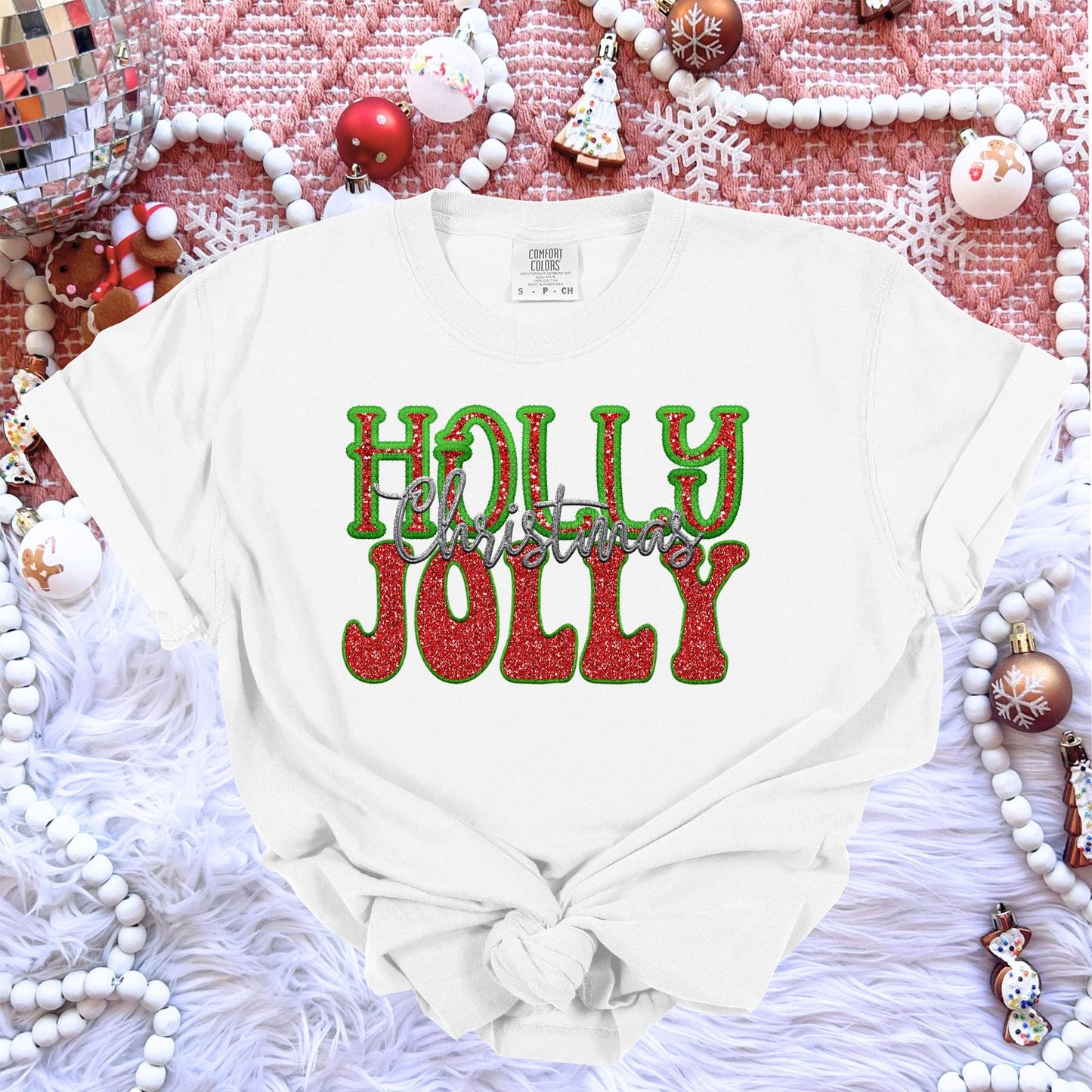 Holly Jolly Christmas faux embroidery digital design, Christmas Holiday design, tshirt design, Script Font Christmas PNG