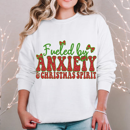 Fueled by Anxiety and Christmas Spirit PNG Faux Embroidery digital Design Christmas PNG Holiday T-shirt Design Holiday Digital Download