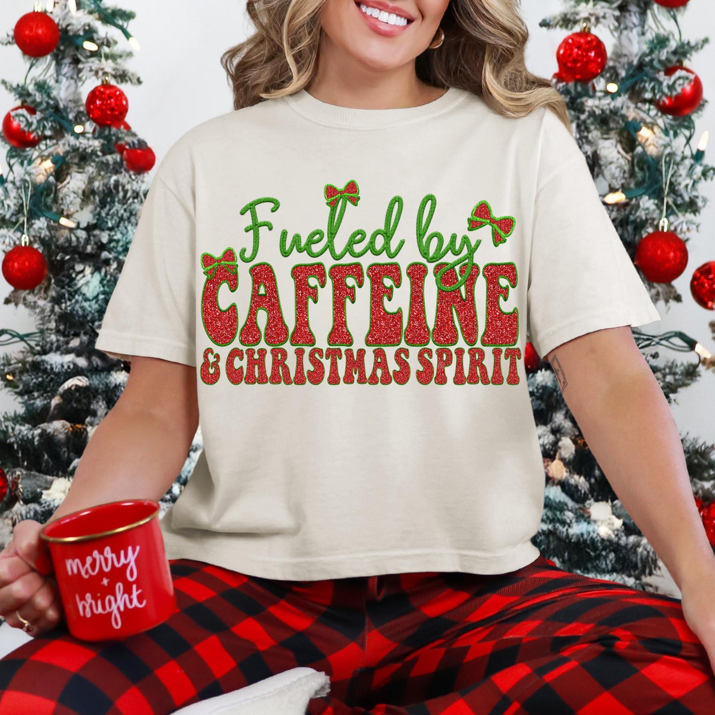 Fueled by Caffeine and Christmas Spirit PNG Faux Embroidery digital Design Christmas PNG Holiday T-shirt Design Holiday Digital Download