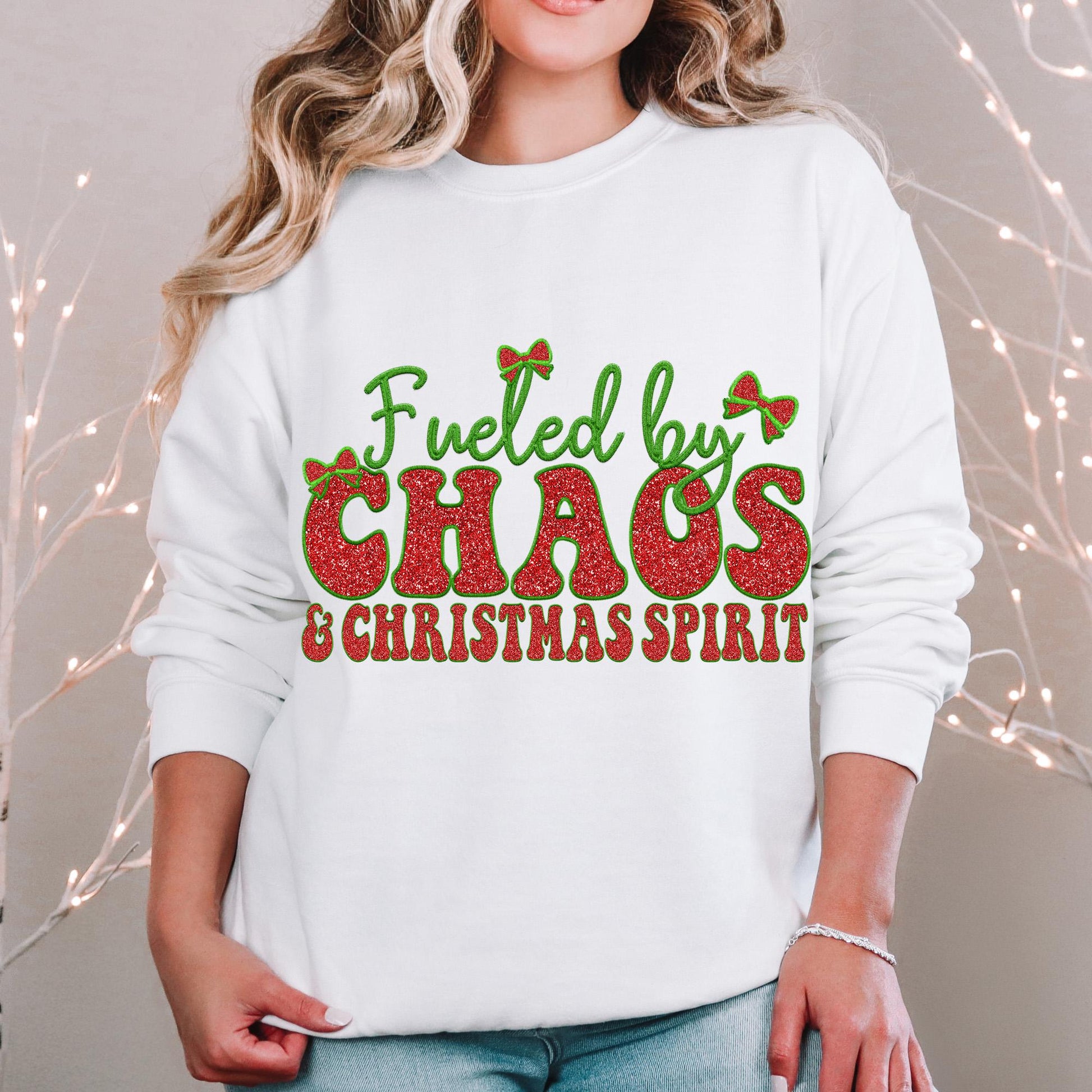 Fueled by Chaos and Christmas Spirit PNG Faux Embroidery digital Design Christmas PNG Holiday T-shirt Design Holiday Digital Download