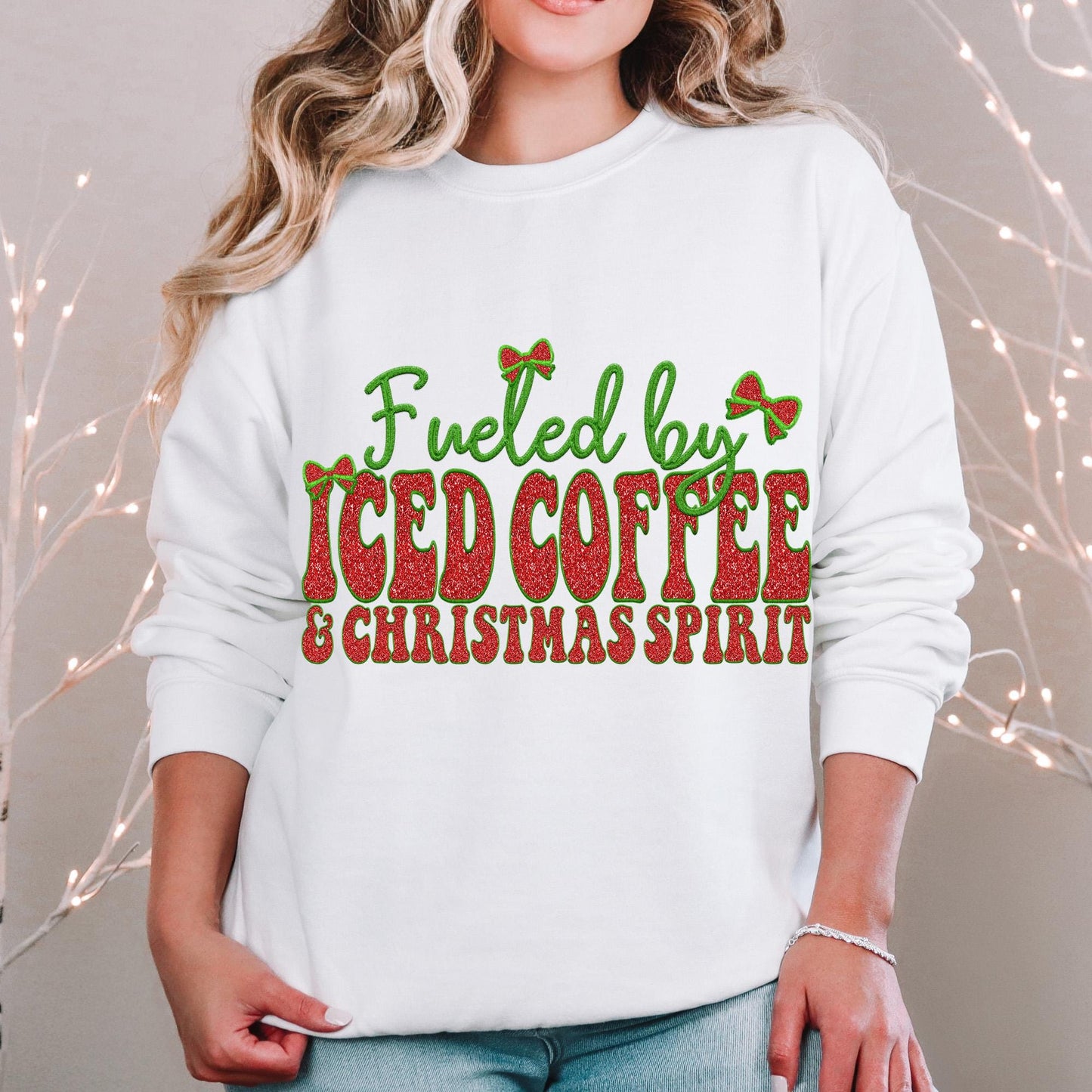 Fueled by Iced Coffee and Christmas Spirit PNG Faux Embroidery digital Design Christmas PNG Holiday T-shirt Design Holiday Digital Download