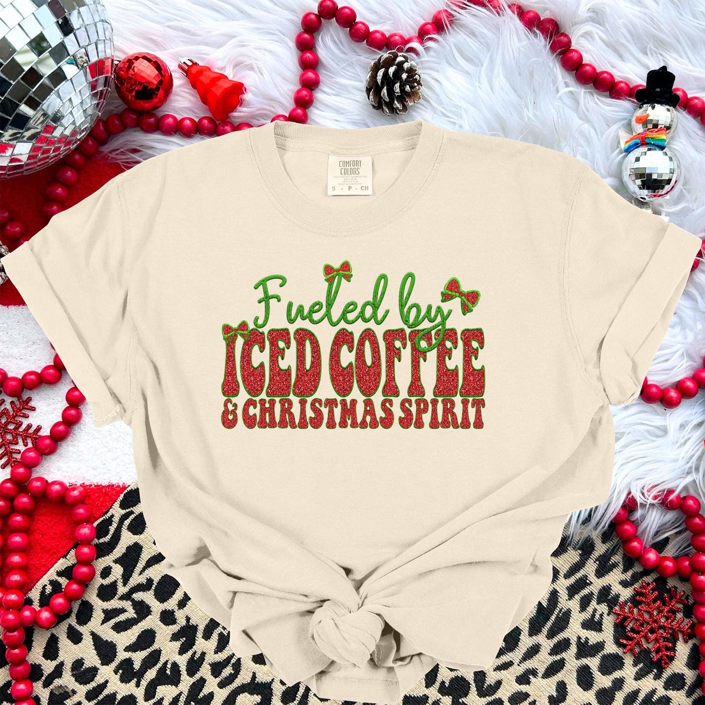 Fueled by Iced Coffee and Christmas Spirit PNG Faux Embroidery digital Design Christmas PNG Holiday T-shirt Design Holiday Digital Download