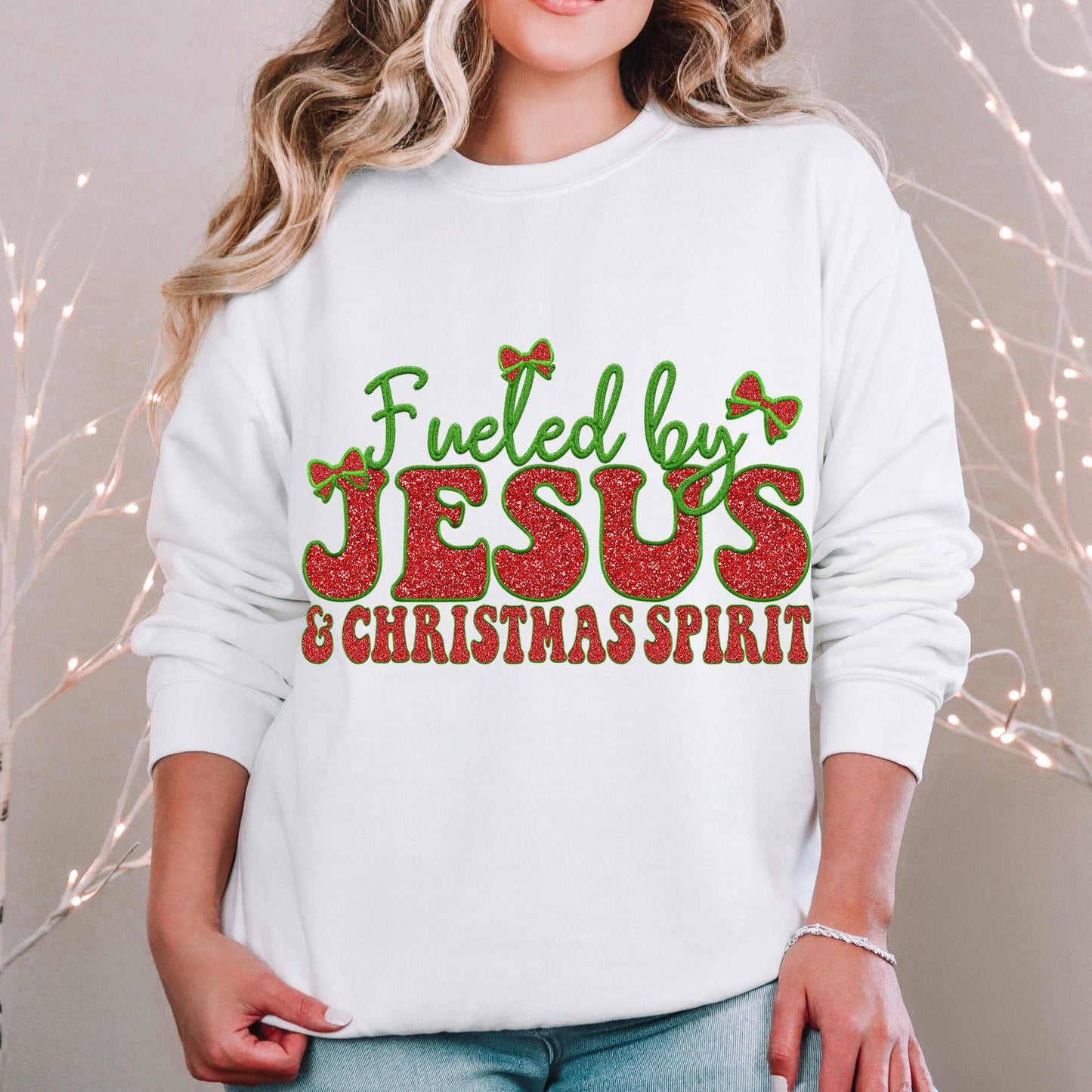 Fueled by Jesus and Christmas Spirit PNG Faux Embroidery digital Design Christmas PNG Holiday T-shirt Design Holiday Digital Download