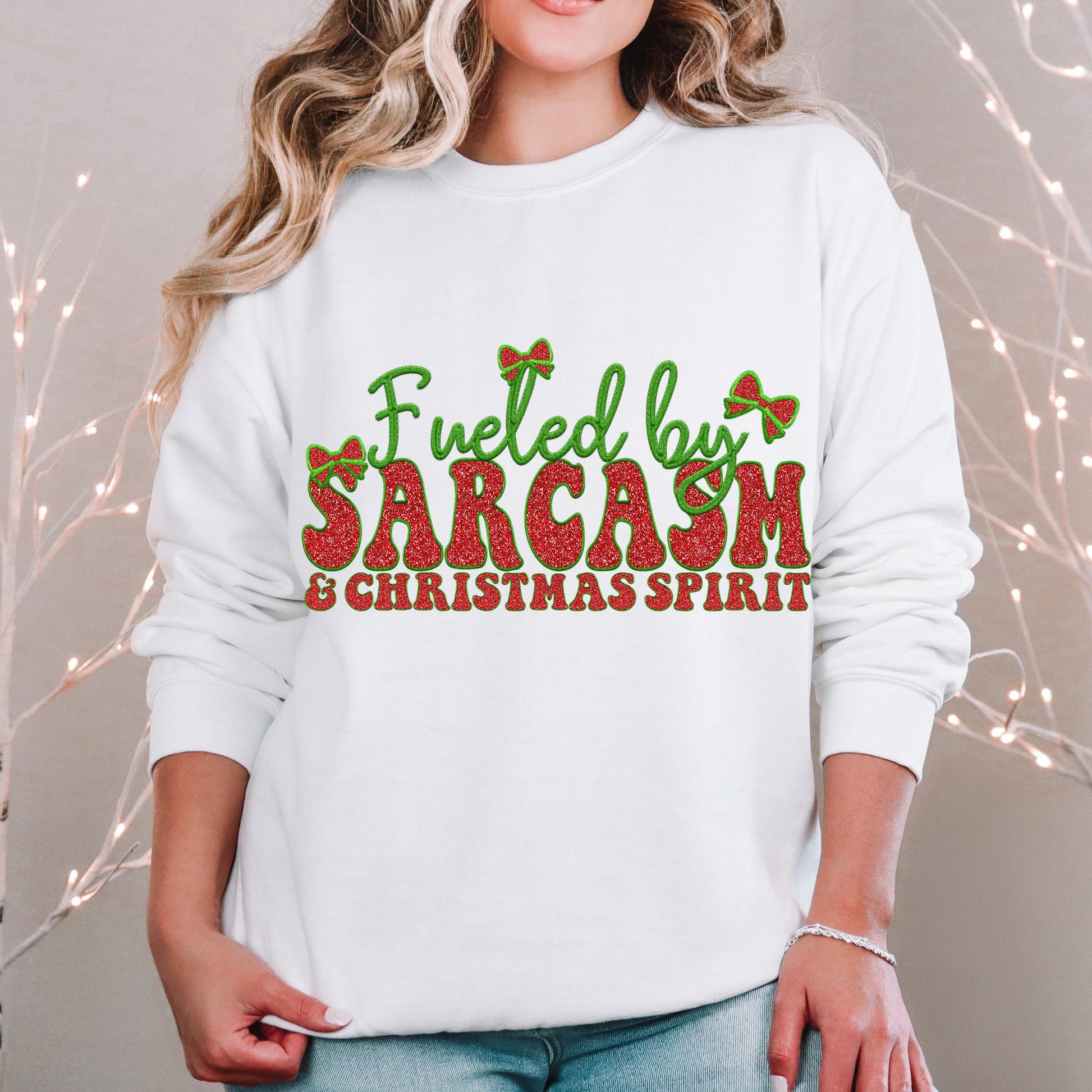 Fueled by Sarcasm and Christmas Spirit PNG Faux Embroidery digital Design Christmas PNG Holiday T-shirt Design Holiday Digital Download