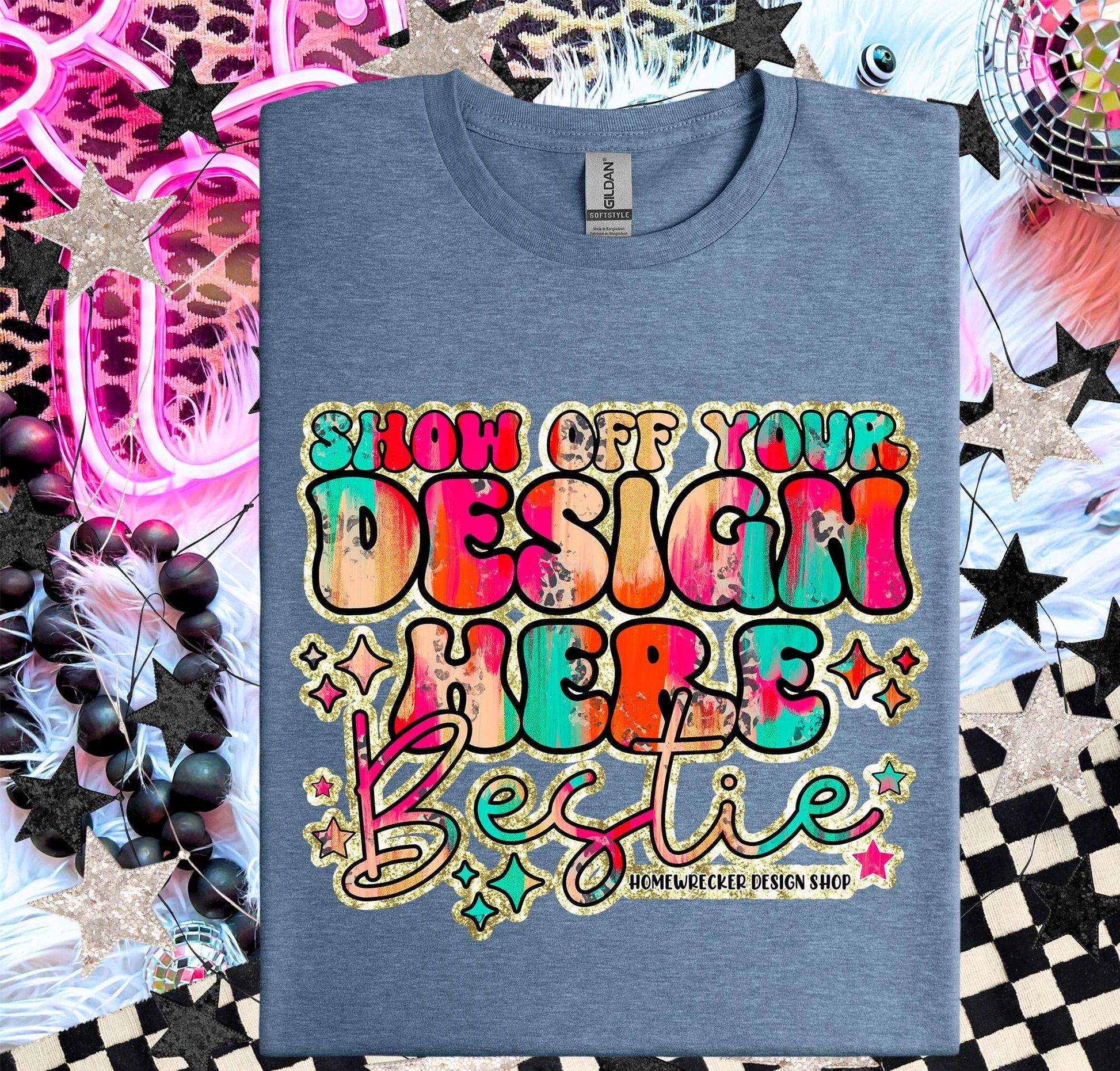 Gildan Softstyle Mockup, Heather Indigo, G64000 flat lay, Neon Disco Balloon Dog Neon Light, Checkered print Trendy Mock up