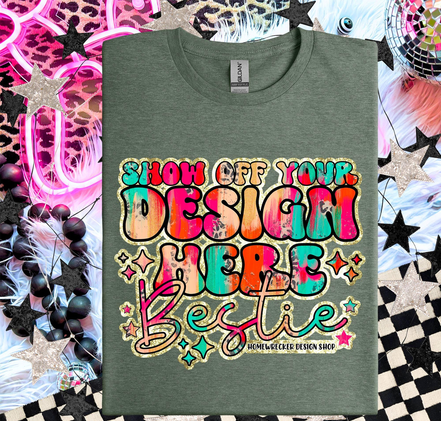 Gildan Softstyle Mockup, Heather Military Green, G64000 flat lay, Neon Disco Balloon Dog Neon Light, Checkered print Trendy Mock up