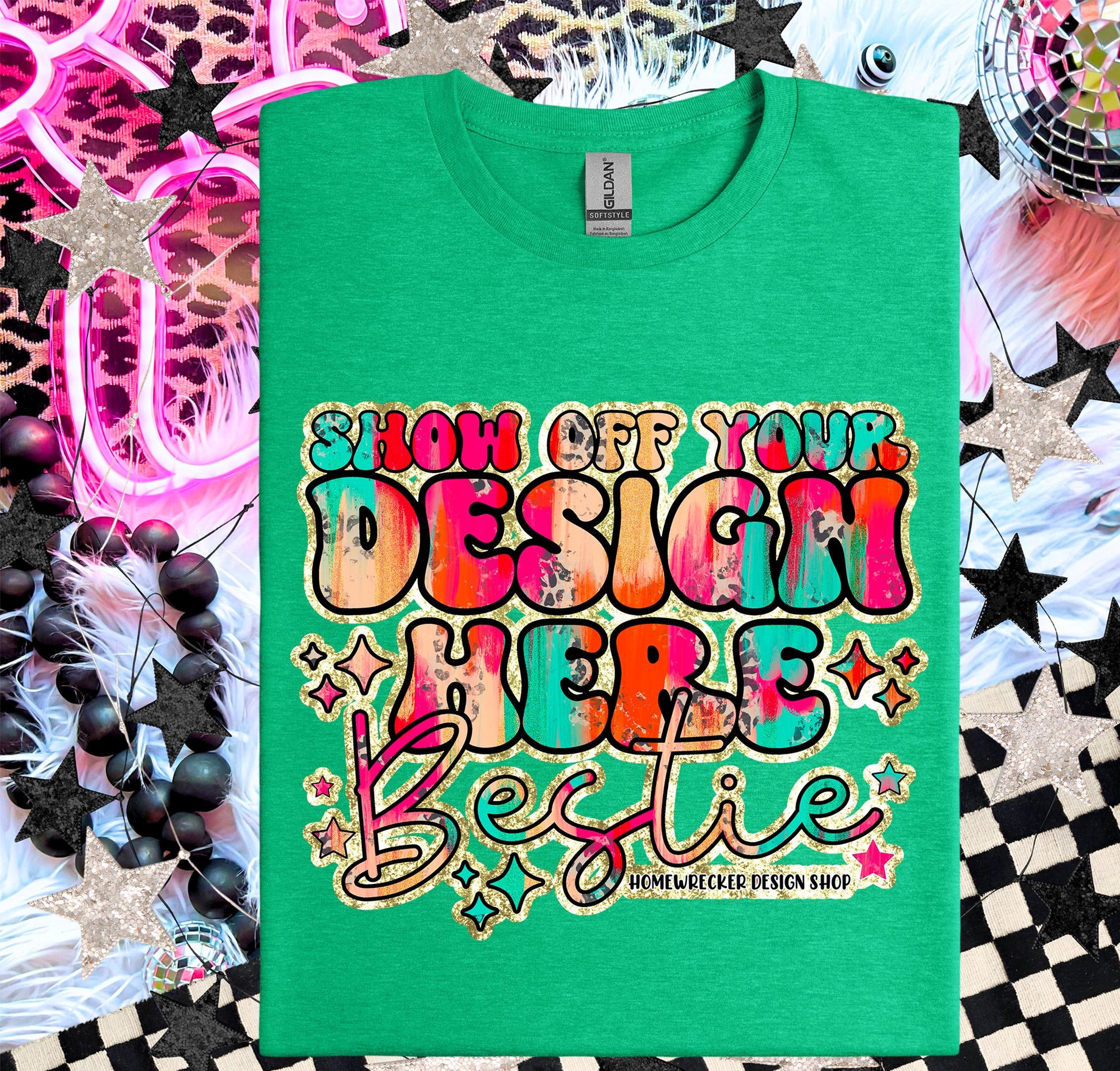 Gildan Softstyle Mockup, Heather Irish Green, G64000 flat lay, Neon Disco Balloon Dog Neon Light, Checkered print Trendy Mock up