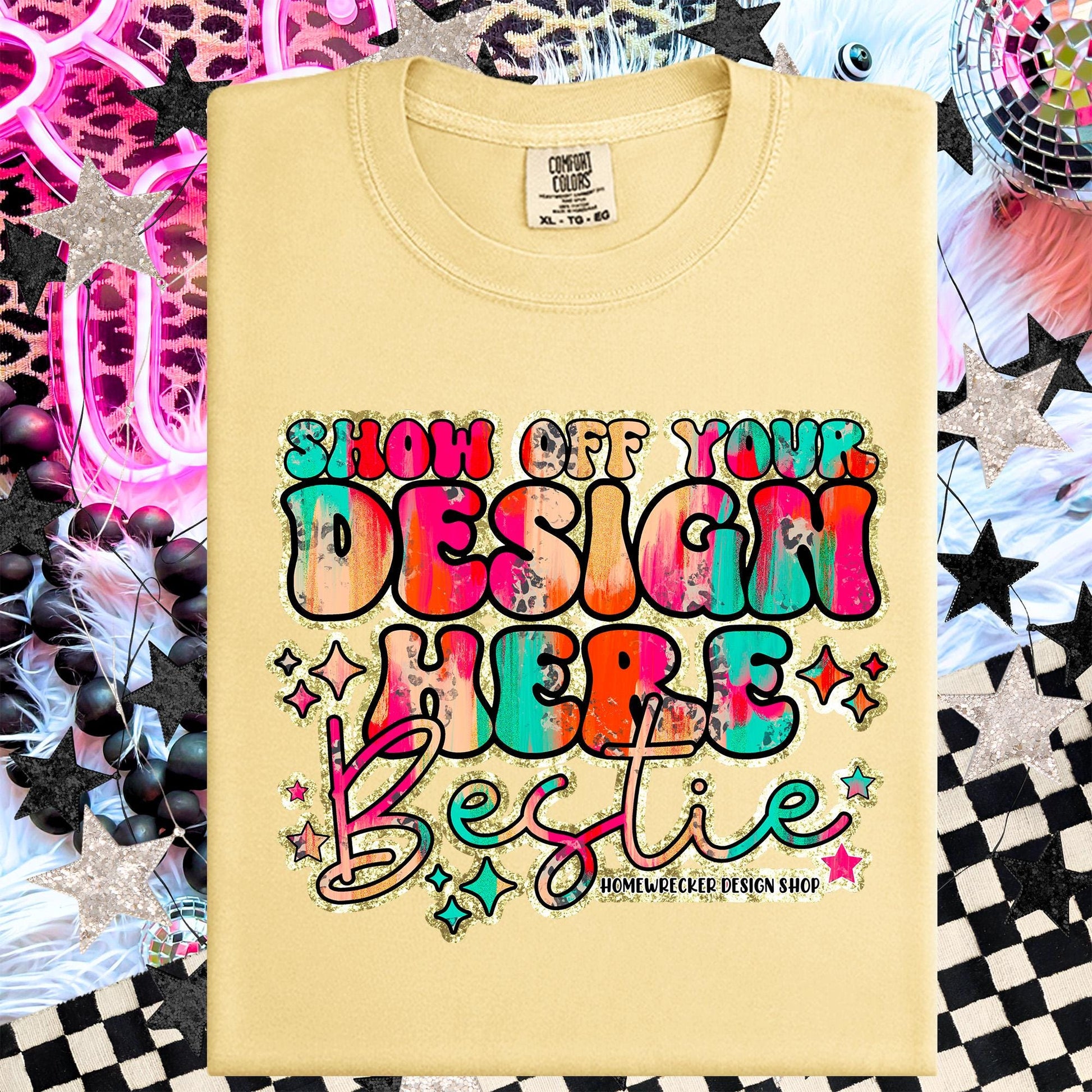 Comfort colors Mockup, Banana, CC1717 flat lay, Neon Disco Balloon Dog Neon Light, Checkered print Trendy Mock up