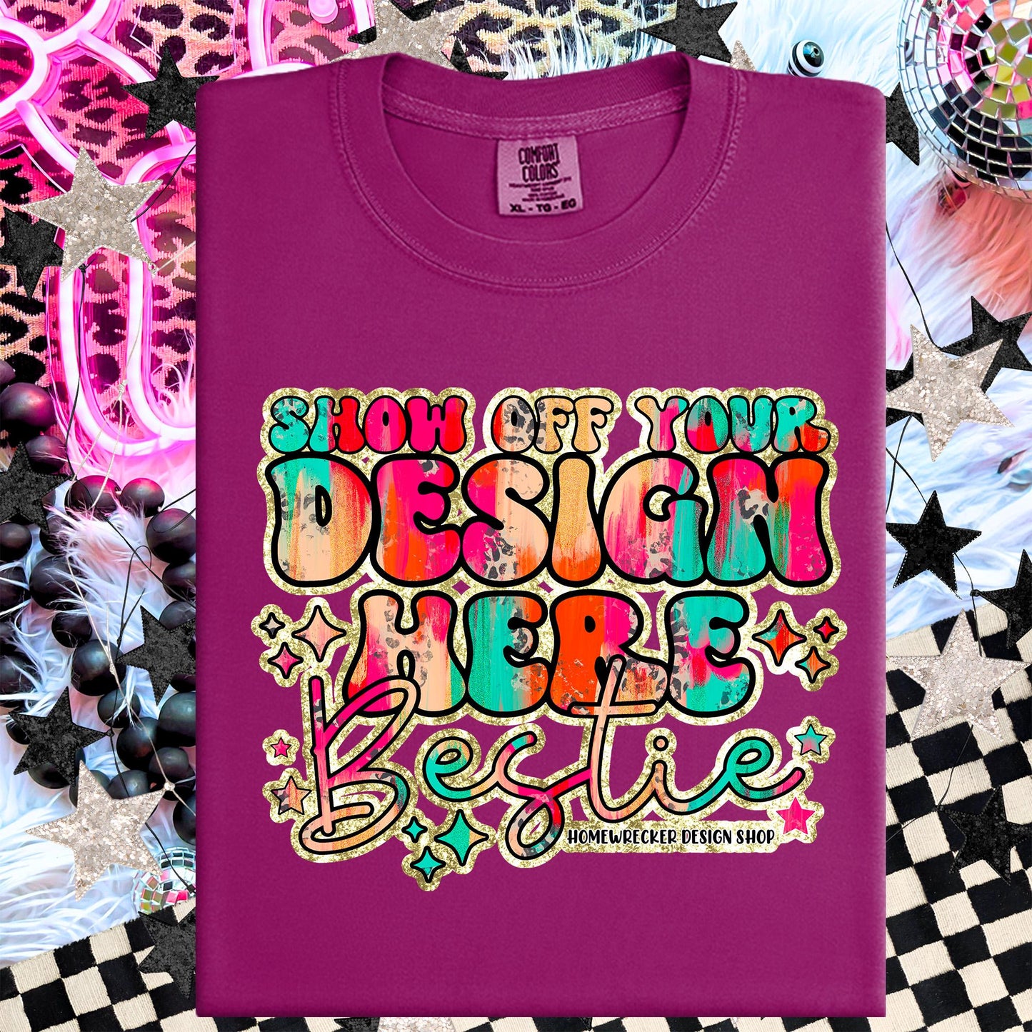 Comfort colors Mockup, Boysenberry , CC1717 flat lay, Neon Disco Balloon Dog Neon Light, Checkered print Trendy Mock up