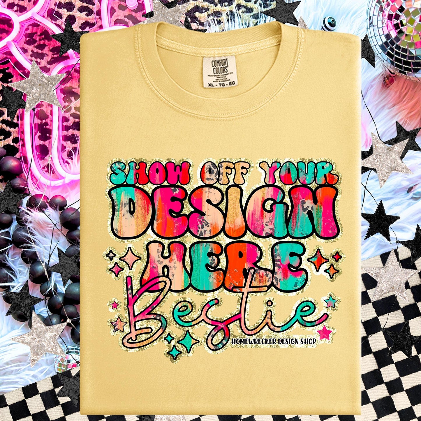 Comfort colors Mockup, Butter , CC1717 flat lay, Neon Disco Balloon Dog Neon Light, Checkered print Trendy Mock up