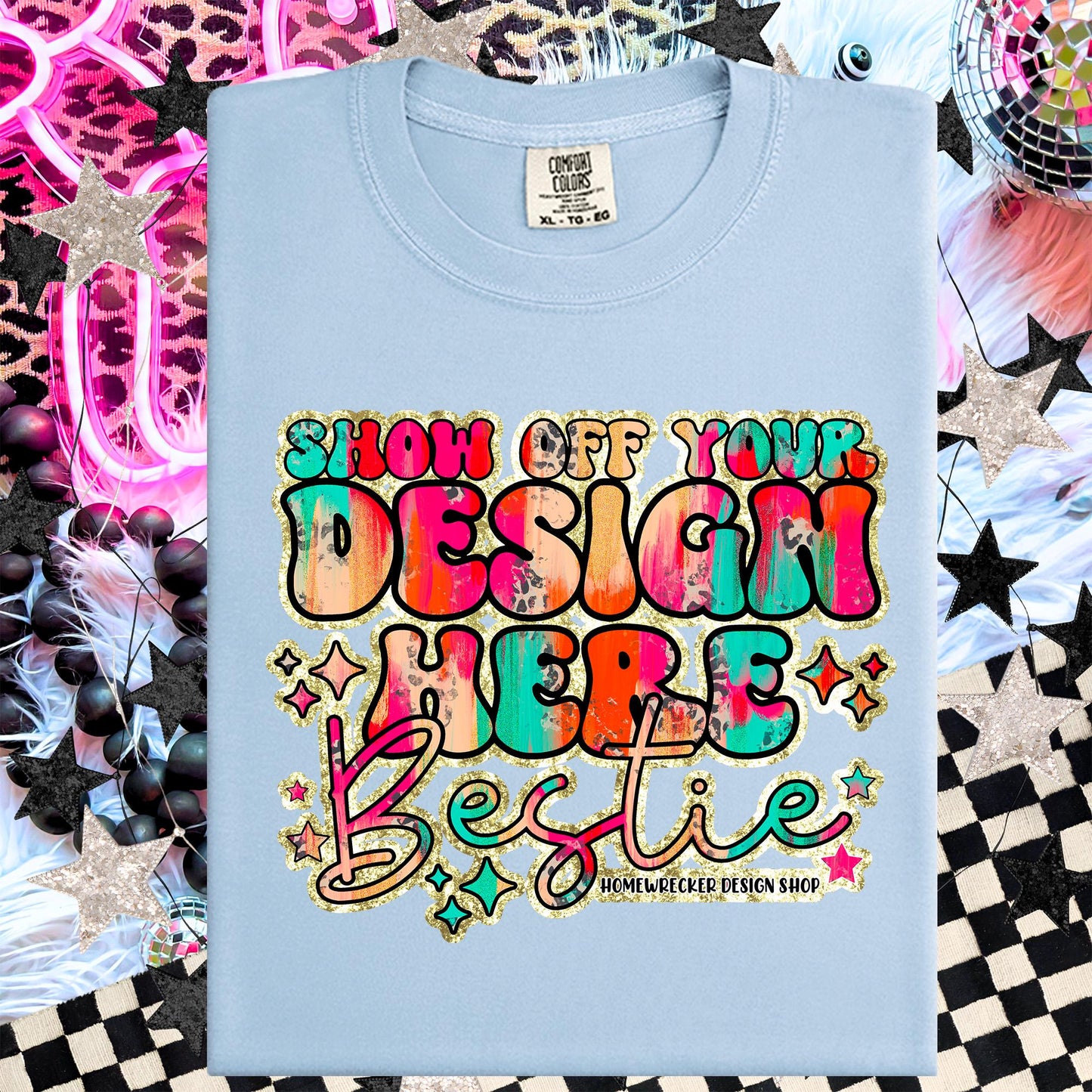 Comfort colors Mockup, Chambray, CC1717 flat lay, Neon Disco Balloon Dog Neon Light, Checkered print Trendy Mock up