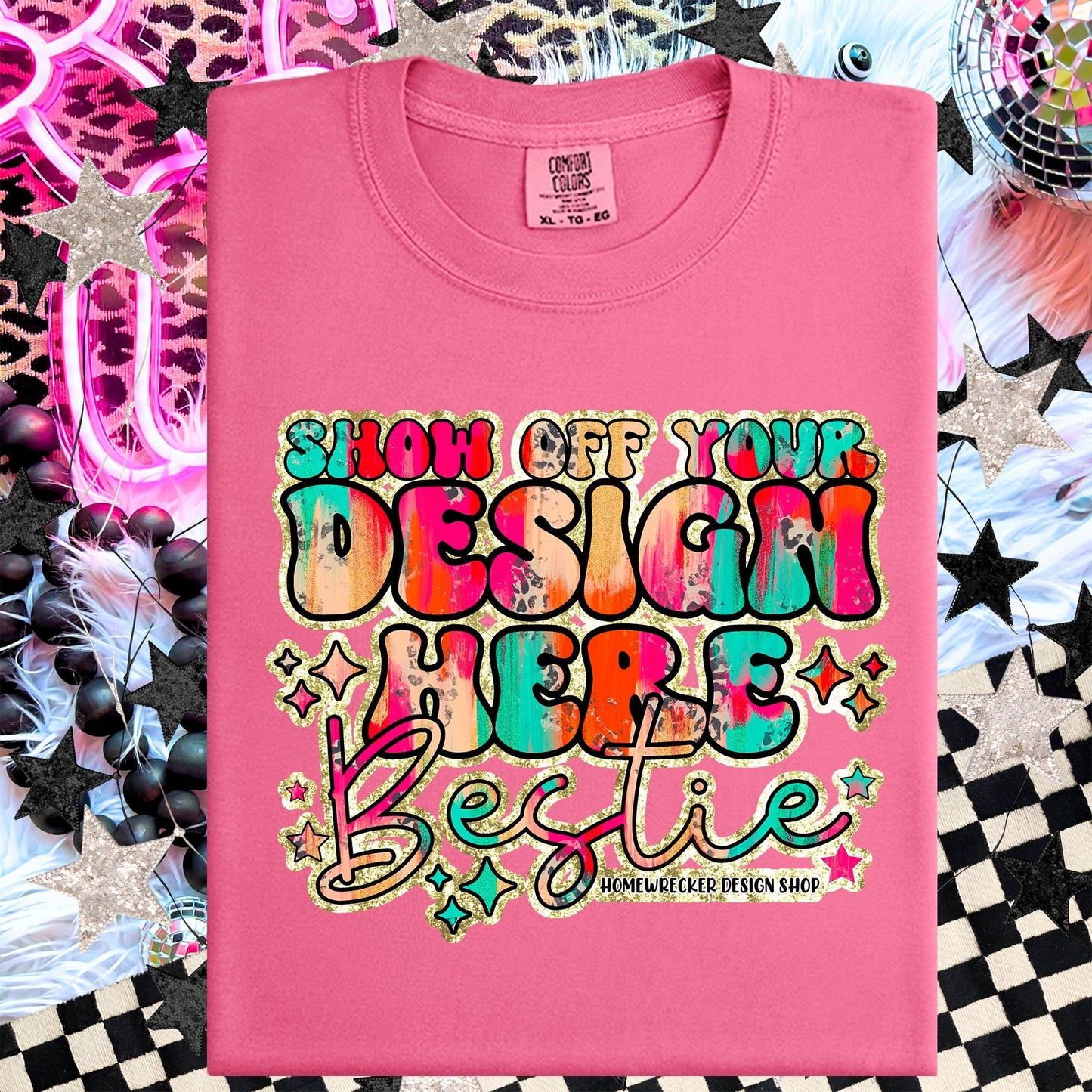 Comfort colors Mockup, Crunchberry , CC1717 flat lay, Neon Disco Balloon Dog Neon Light, Checkered print Trendy Mock up