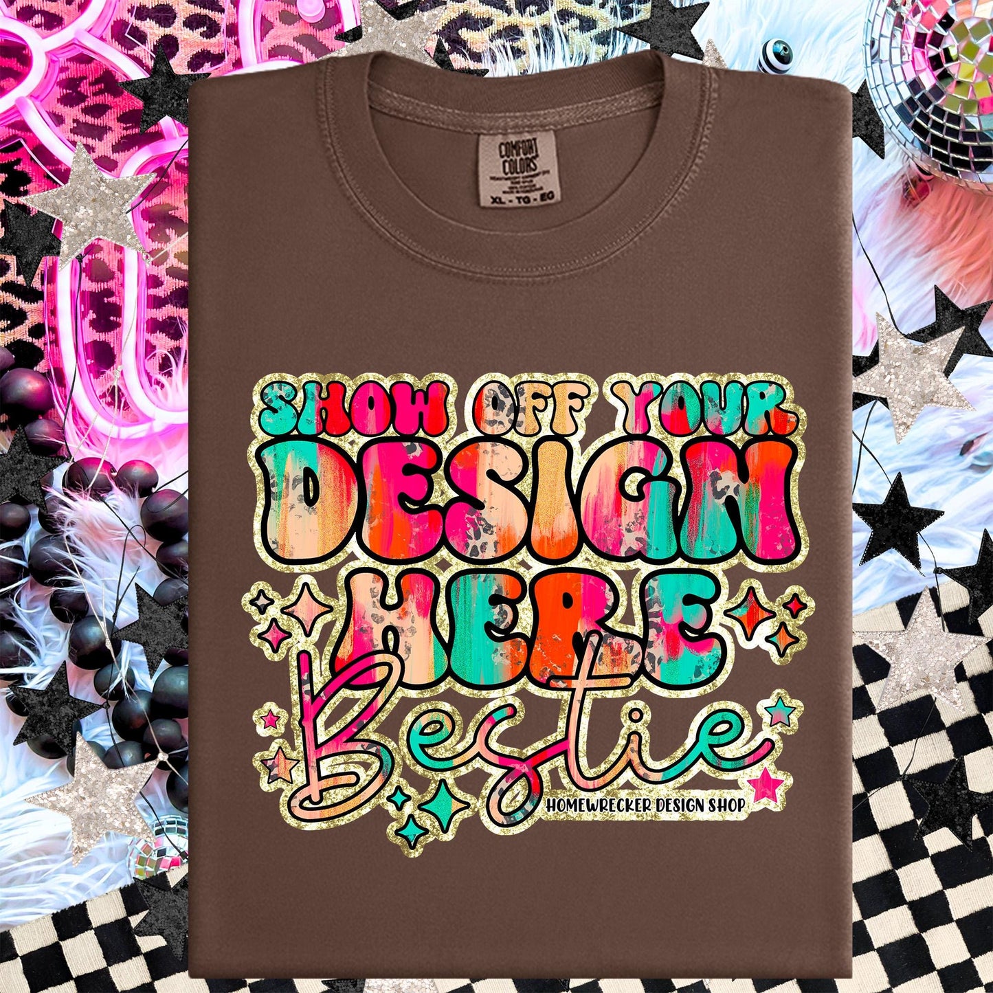 Comfort colors Mockup, Espresso , CC1717 flat lay, Neon Disco Balloon Dog Neon Light, Checkered print Trendy Mock up