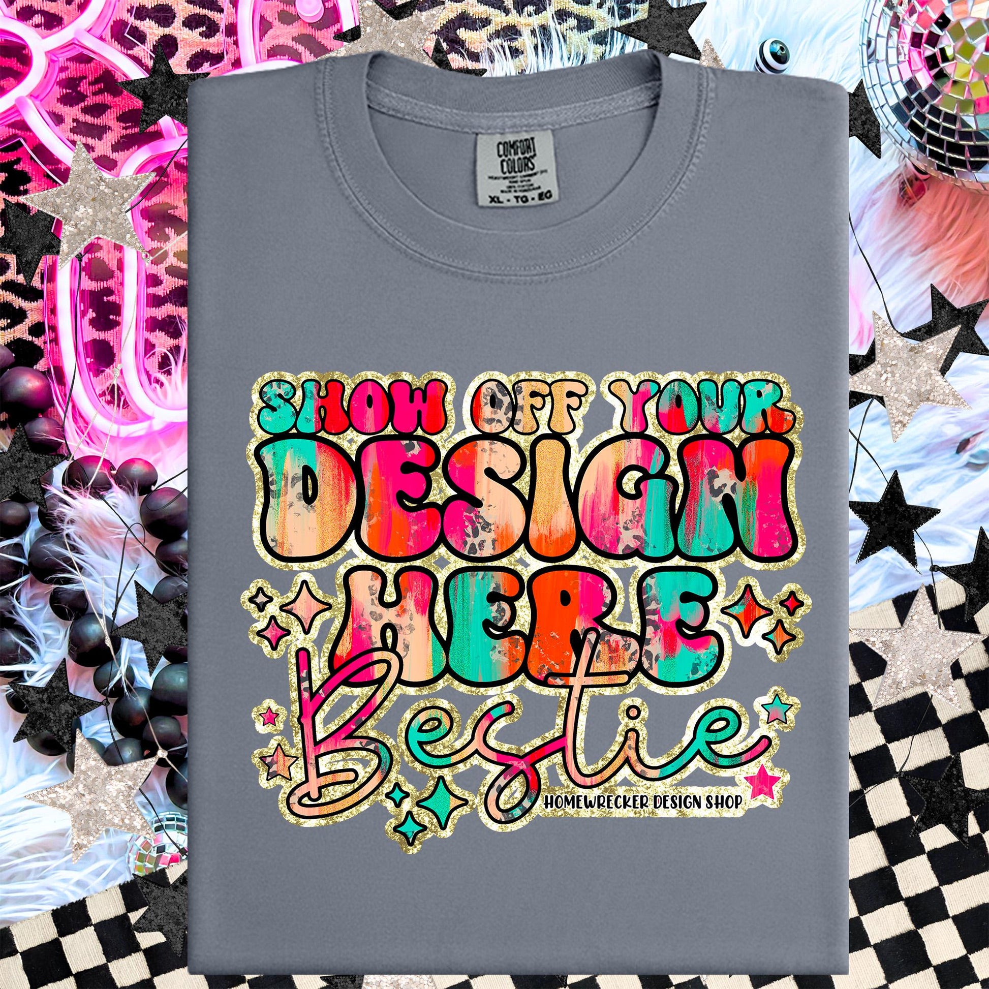 Comfort colors Mockup, Granite , CC1717 flat lay, Neon Disco Balloon Dog Neon Light, Checkered print Trendy Mock up