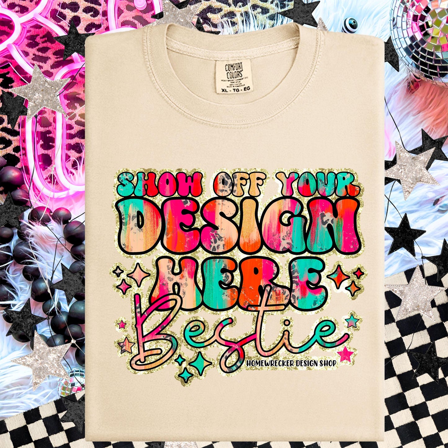 Comfort colors Mockup, Ivory , CC1717 flat lay, Neon Disco Balloon Dog Neon Light, Checkered print Trendy Mock up