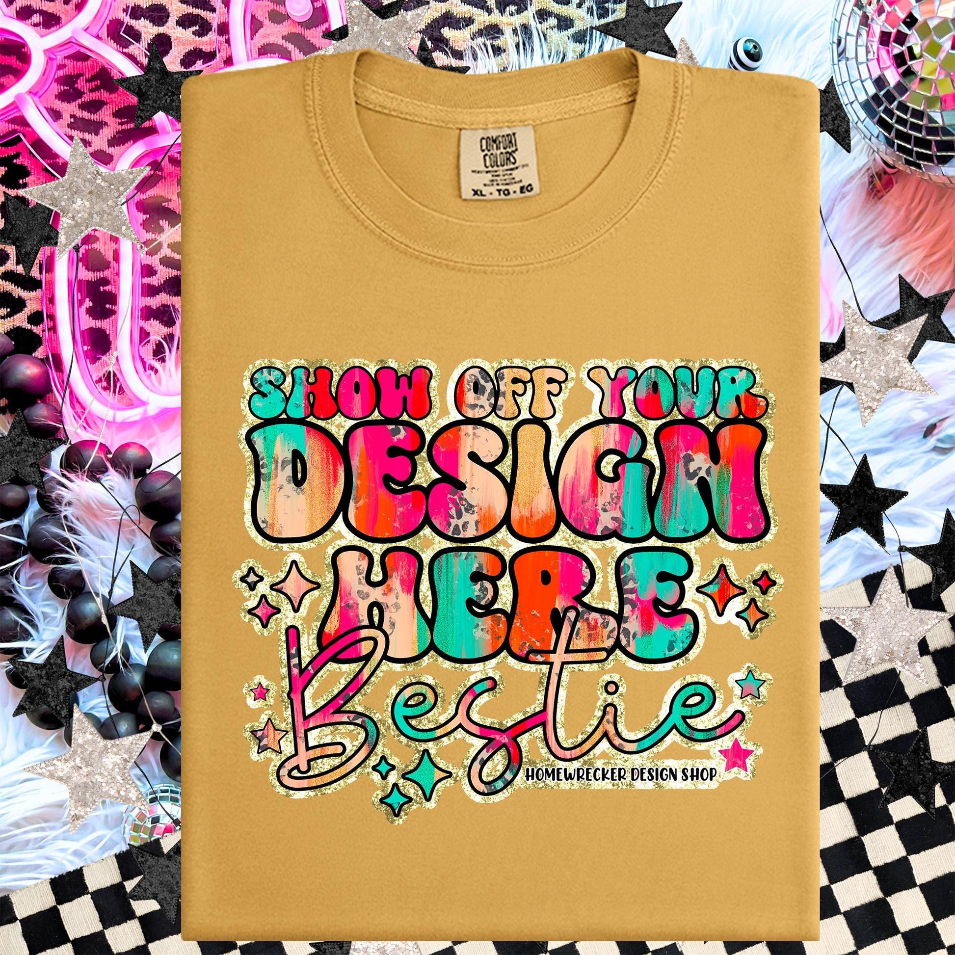 Comfort colors, Mustard , CC1717 flat lay, Neon Disco Balloon Dog Neon Light, Checkered print Trendy Mock up