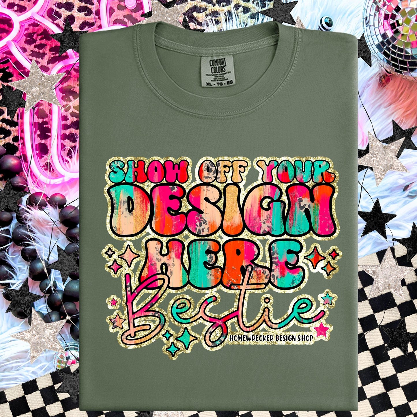 Comfort colors Mockup, Sage , CC1717 flat lay, Neon Disco Balloon Dog Neon Light, Checkered print Trendy Mock up