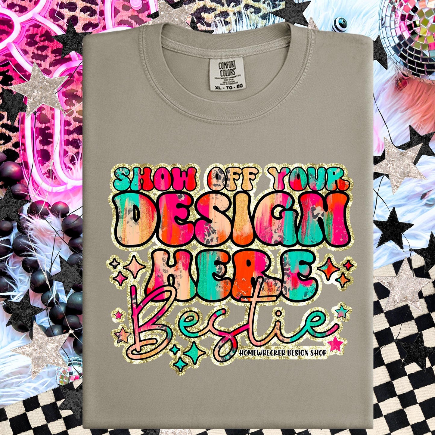 Comfort colors Mockup, Sandstone , CC1717 flat lay, Neon Disco Balloon Dog Neon Light, Checkered print Trendy Mock up