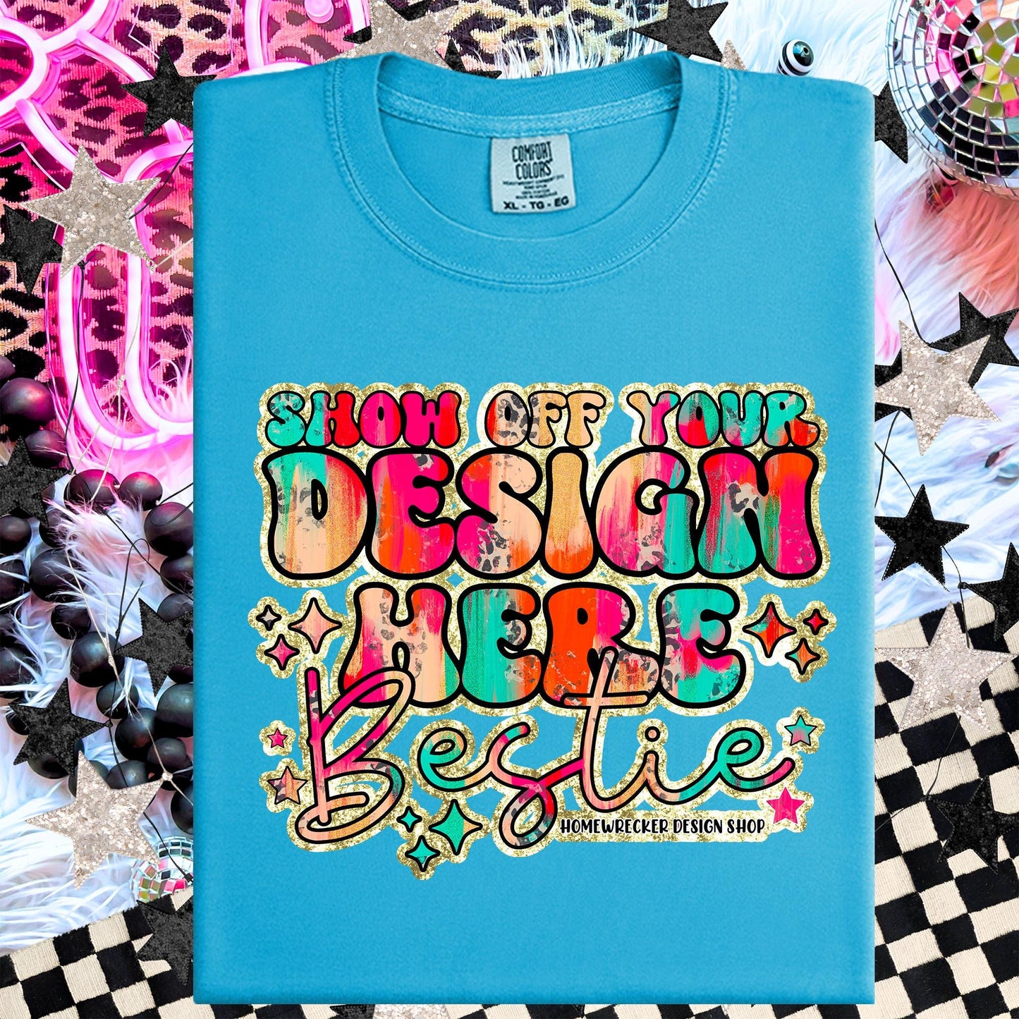 Comfort colors Mockup, Sapphire , CC1717 flat lay, Neon Disco Balloon Dog Neon Light, Checkered print Trendy Mock up