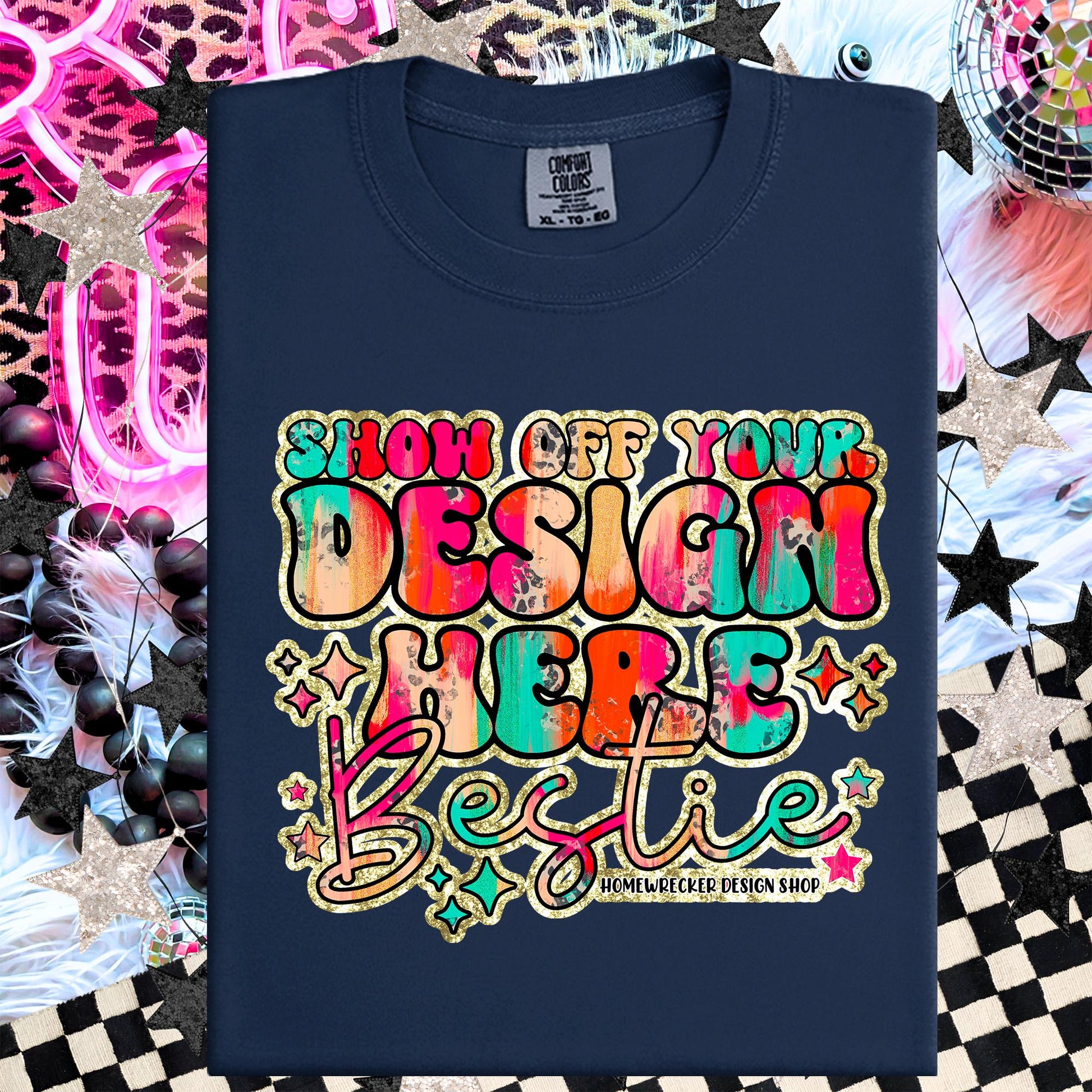 Comfort colors Mockup, True Navy , CC1717 flat lay, Neon Disco Balloon Dog Neon Light, Checkered print Trendy Mock up