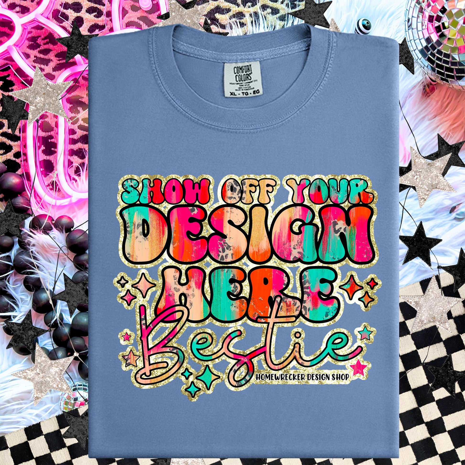 Comfort colors Mockup, Washed Denim, CC1717 flat lay, Neon Disco Balloon Dog Neon Light, Checkered print Trendy Mock up