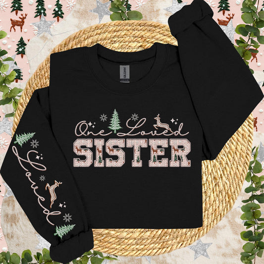 SISTER | One Loved Faux Embroidery Christmas Winter PNG with Sleeve Accent