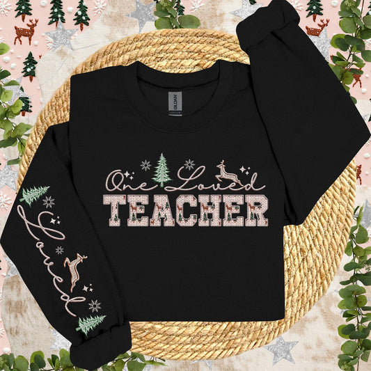 TEACHER | One Loved Faux Embroidery Christmas Winter PNG with Sleeve Accent