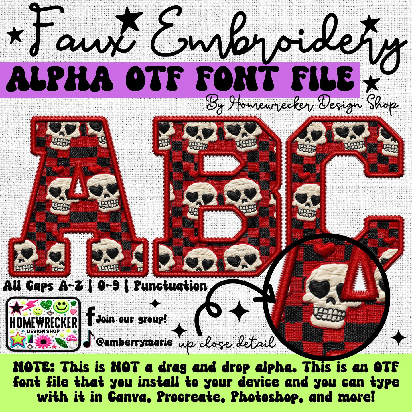 Red Black Skull Valentines Day OTF Font, Faux Embroidery Alpha, Varsity Letter Style OTF Font Clipart Make your own designs Digital Download